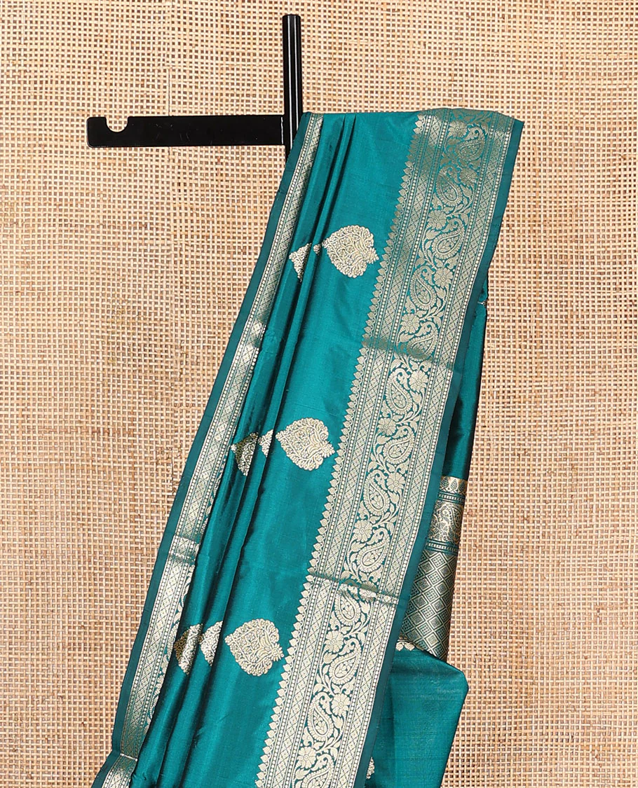 Peacock blue buttas kathan silk saree, traditional border of paisley creeper design, and jaal pallu - Image 4