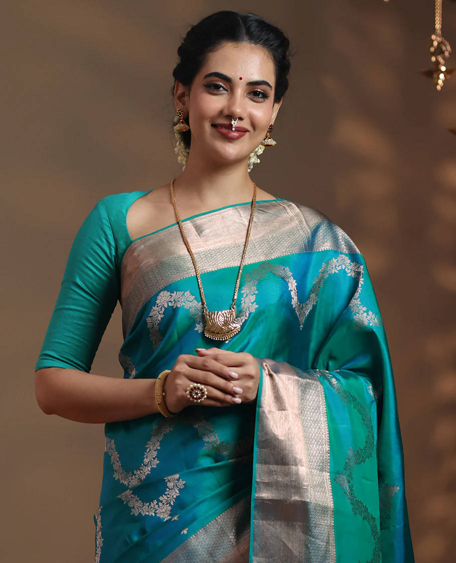 Peacock blue floral jaal jacquard Vasundhara silk mix saree, zari border of thilakam mokku, lavangam, and jaal designs, intricate pallu, and zari design blouse - Image 2
