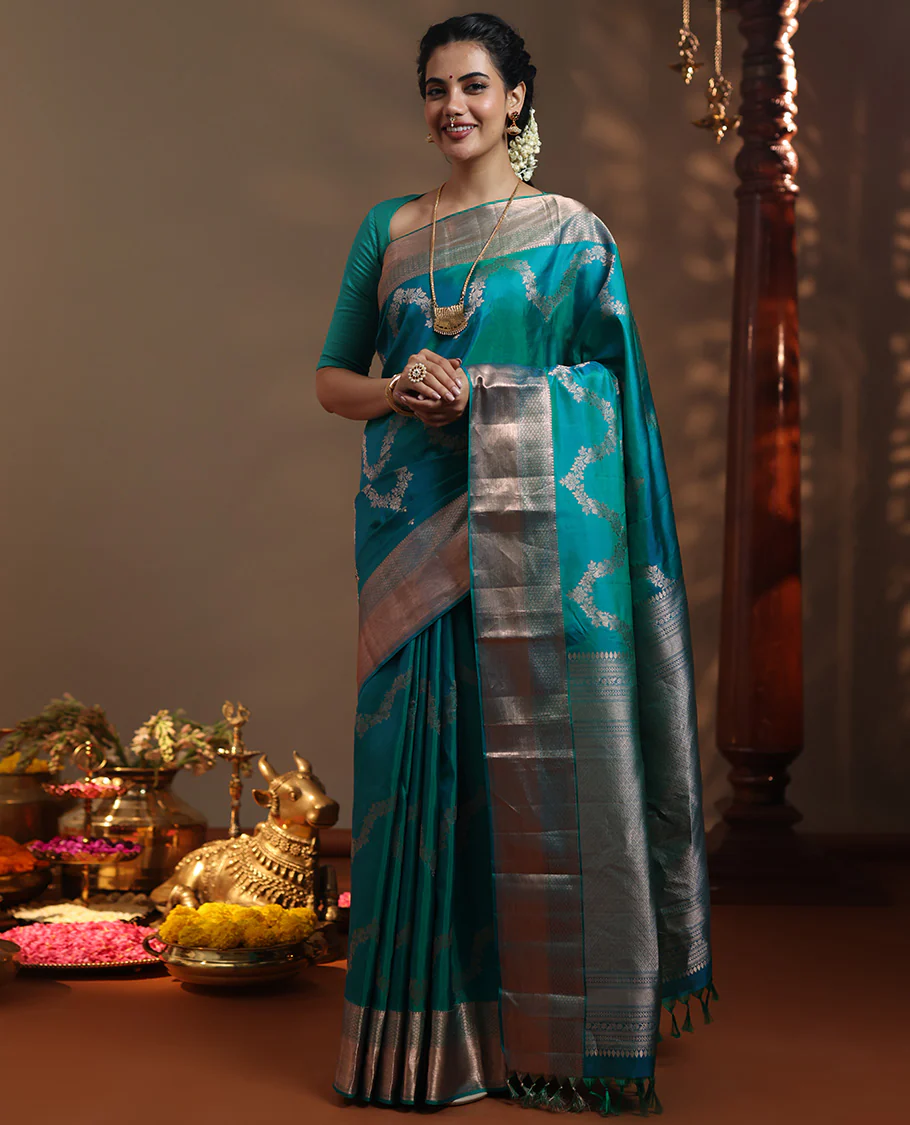 Peacock blue floral jaal jacquard Vasundhara silk mix saree, zari border of thilakam mokku, lavangam, and jaal designs, intricate pallu, and zari design blouse - Image 3