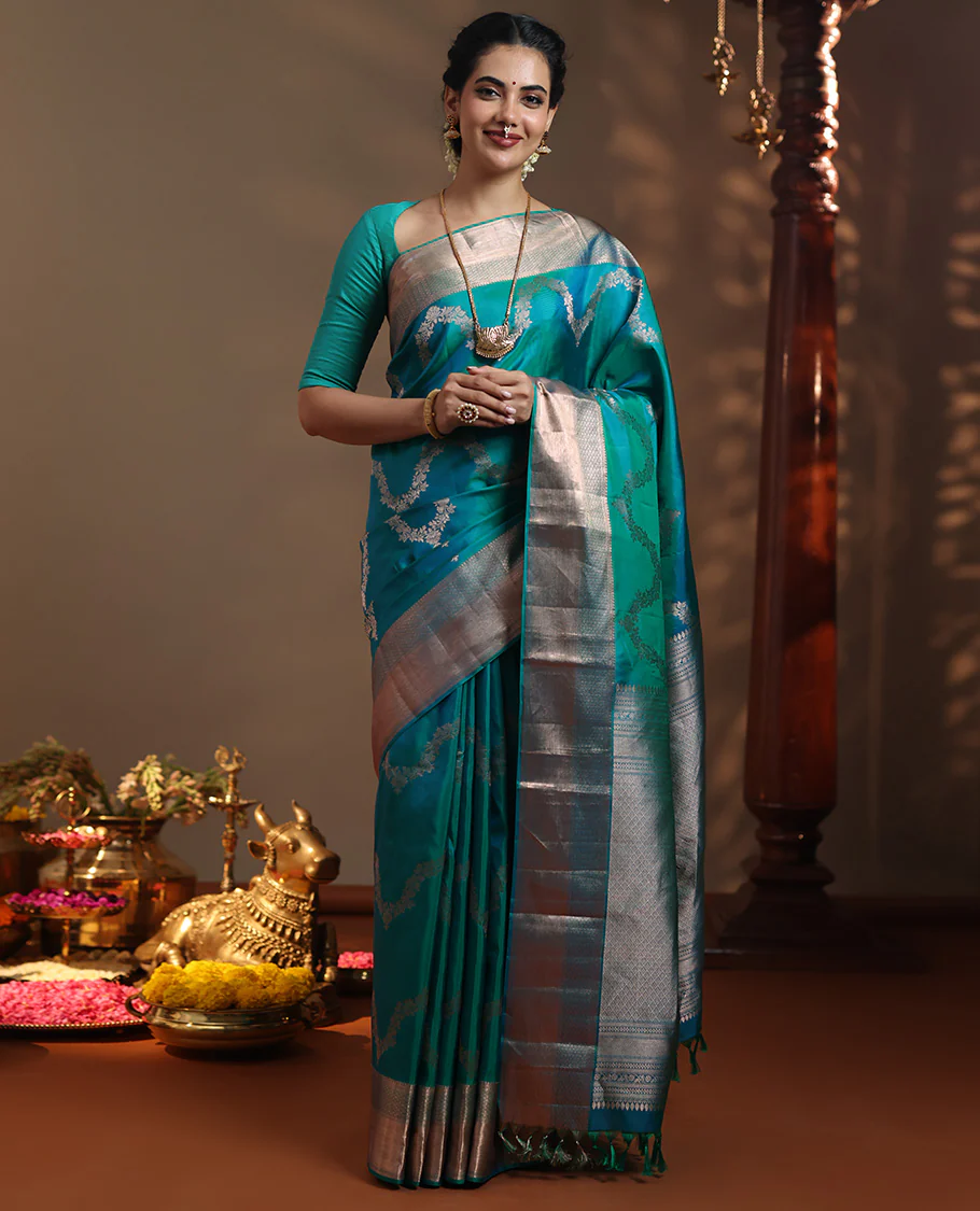 Peacock blue floral jaal jacquard Vasundhara silk mix saree, zari border of thilakam mokku, lavangam, and jaal designs, intricate pallu, and zari design blouse - Image 4