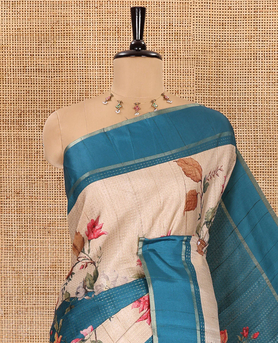 Peacock blue floral printed fancy tussar saree, contrast small zari border, and zari design pallu, and a contrast floral printed blouse - Image 2