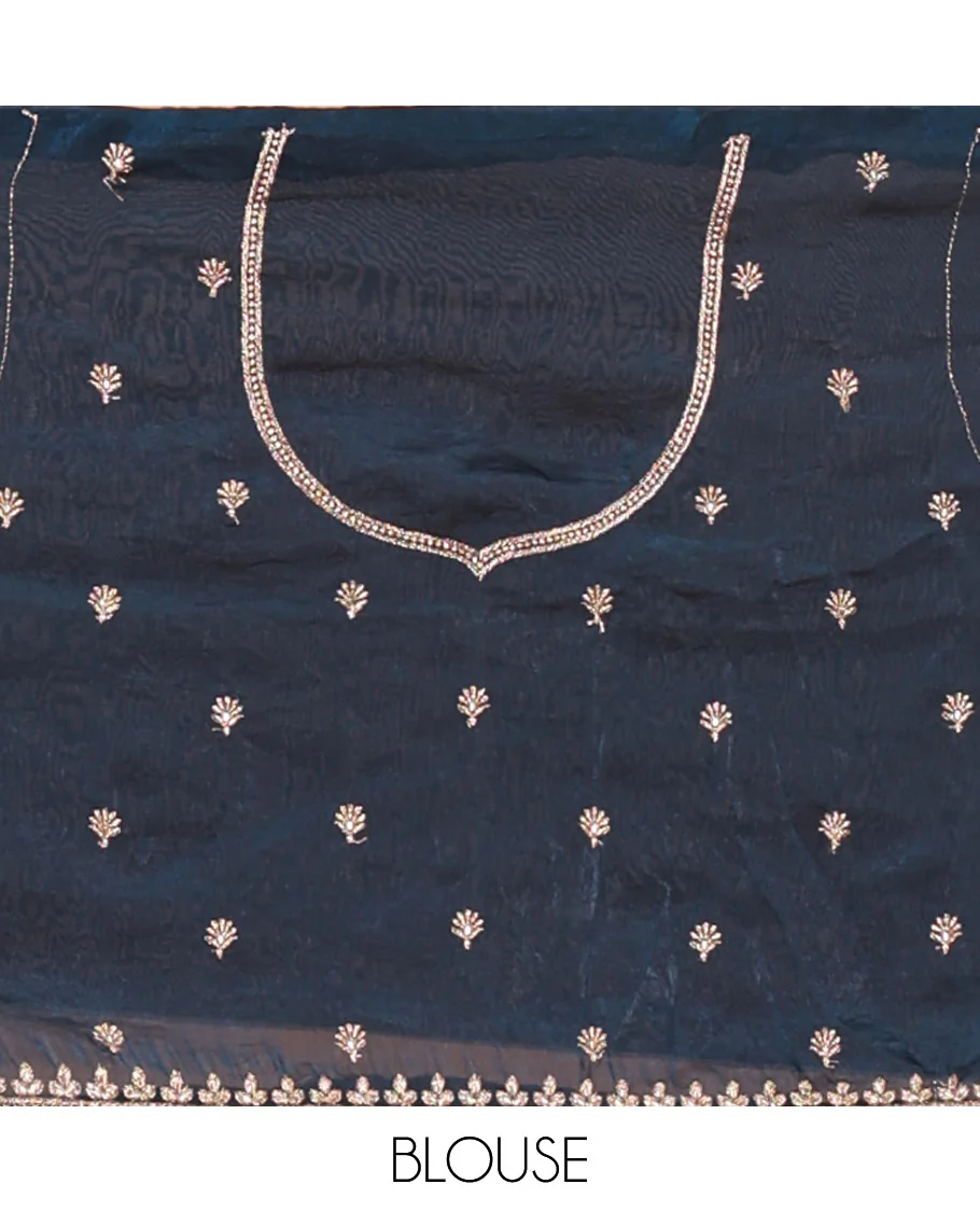 Peacock blue half-saree, buttas and flora-fauna embroidered bordered velvet organza skirt, a matching velvet organza blouse, and a contrast embroidered scallop syska georgette dhavanif - Image 4