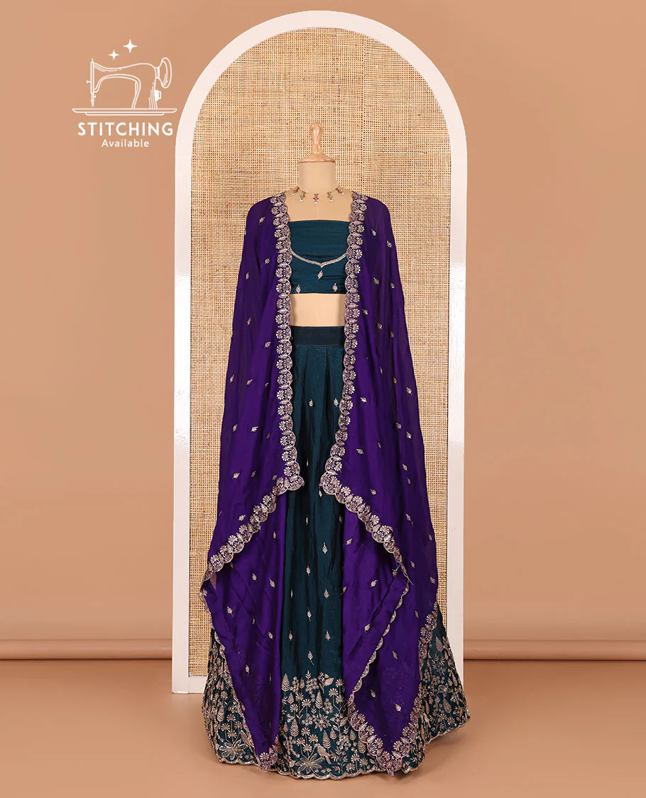 Peacock blue half-saree, floral and bird motifs embroidered velvet organza top, matching embroidered blouse, and contrast scallop embroidered syska georgette dhavani - Image 2