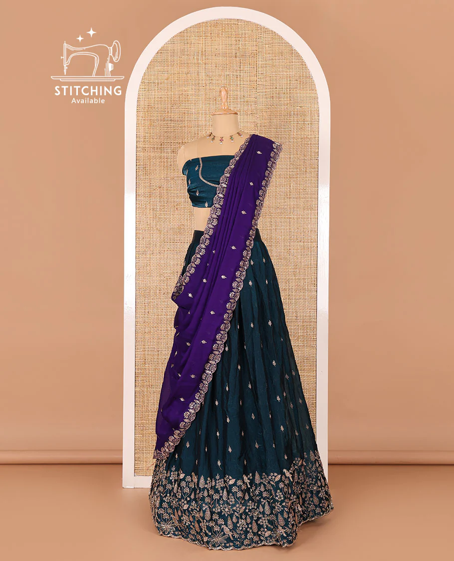 Peacock blue half-saree, floral and bird motifs embroidered velvet organza top, matching embroidered blouse, and contrast scallop embroidered syska georgette dhavani - Image 3