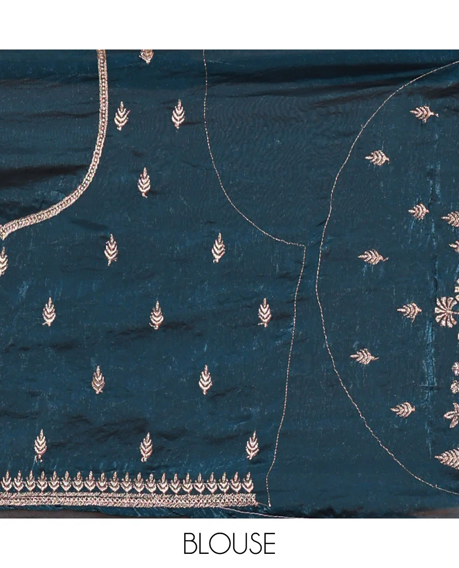 Peacock blue half-saree, floral and bird motifs embroidered velvet organza top, matching embroidered blouse, and contrast scallop embroidered syska georgette dhavani - Image 4