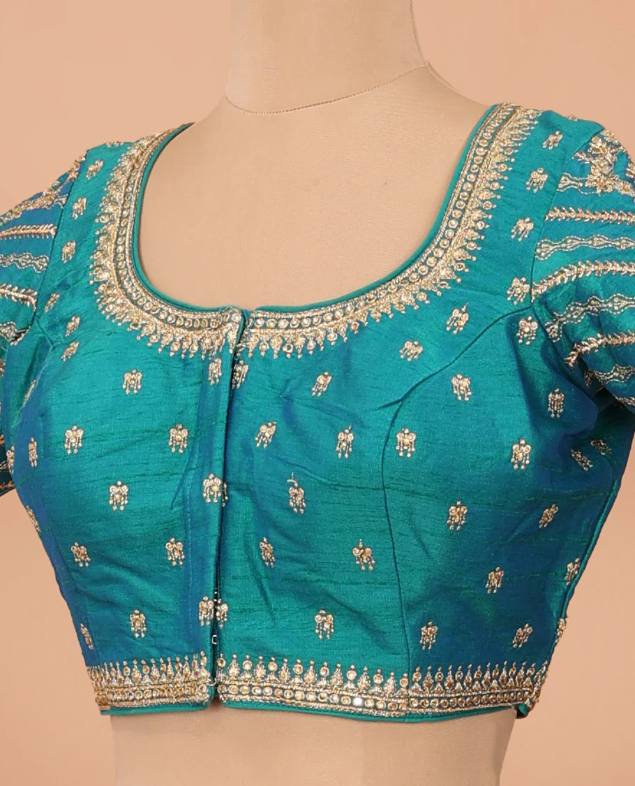Peacock blue intricately thread embroidered front-back round neck elbow sleeve blouse - Image 2