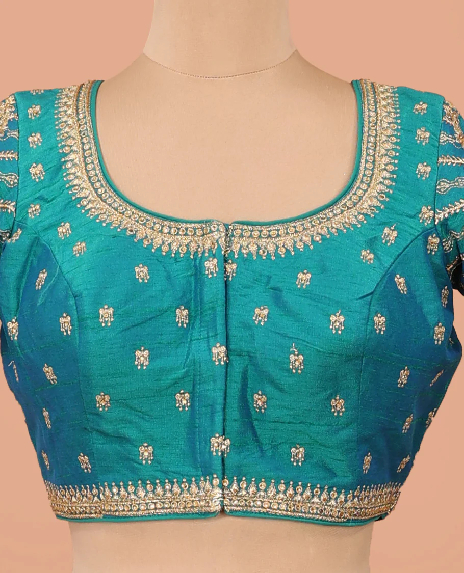 Peacock blue intricately thread embroidered front-back round neck elbow sleeve blouse - Image 3