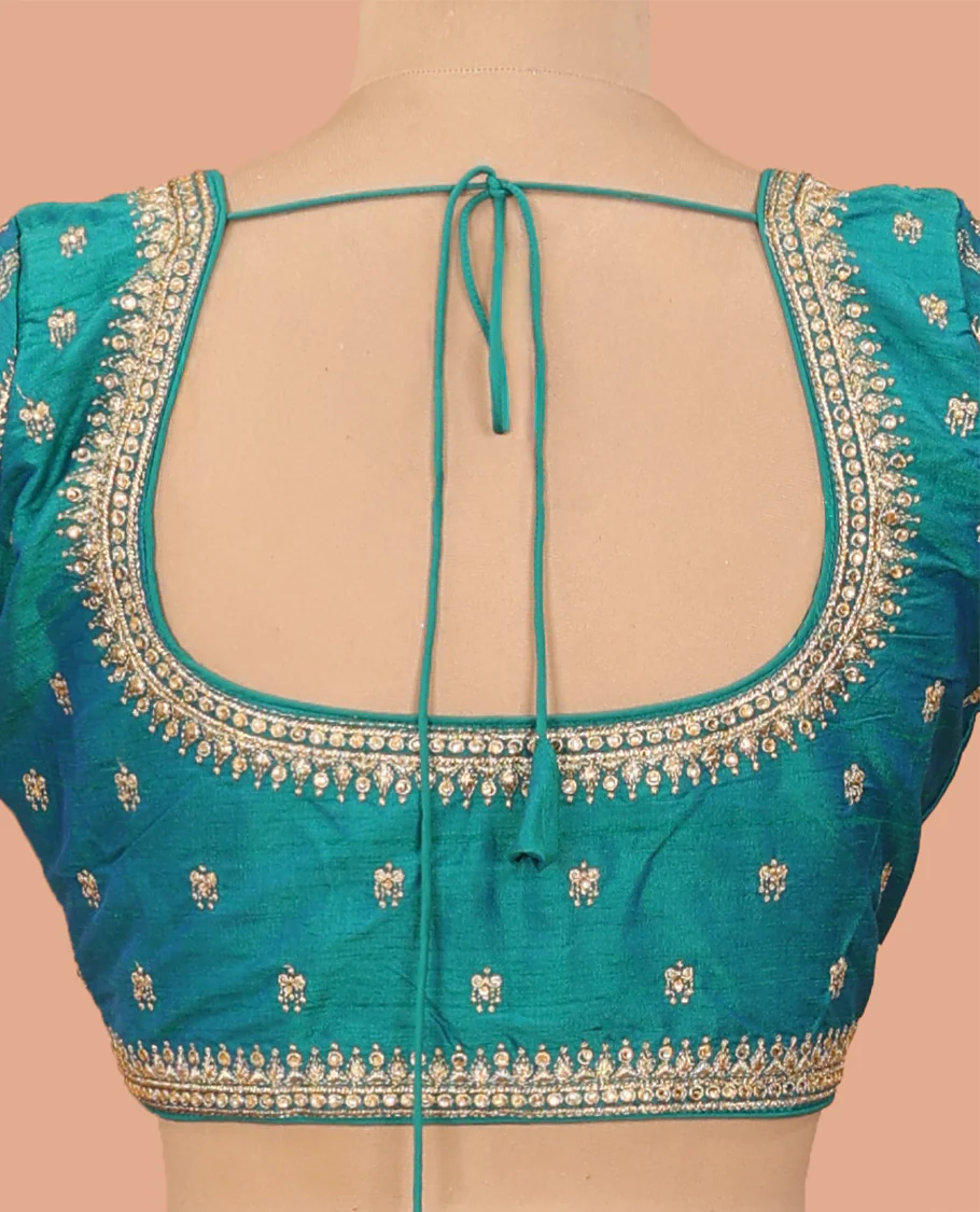 Peacock blue intricately thread embroidered front-back round neck elbow sleeve blouse - Image 4