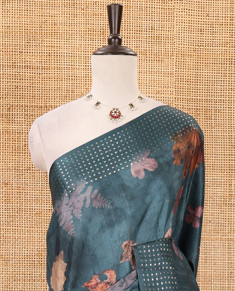 Peacock blue leaf motifs eco-digital printed fancy tussar saree, zari border & pallu woven with dobby-style buttas - Image 3