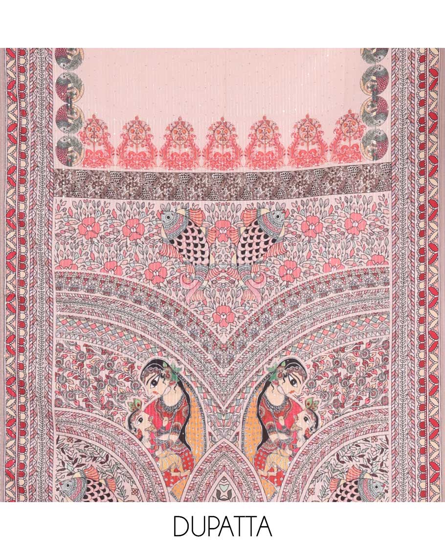 Peacock blue material chudidar set, Madhubani theme printed with French Knot embroidered and mirror work Vertican silk top, contrast rayon bottom, and Madhubani printed dupatta - Image 2