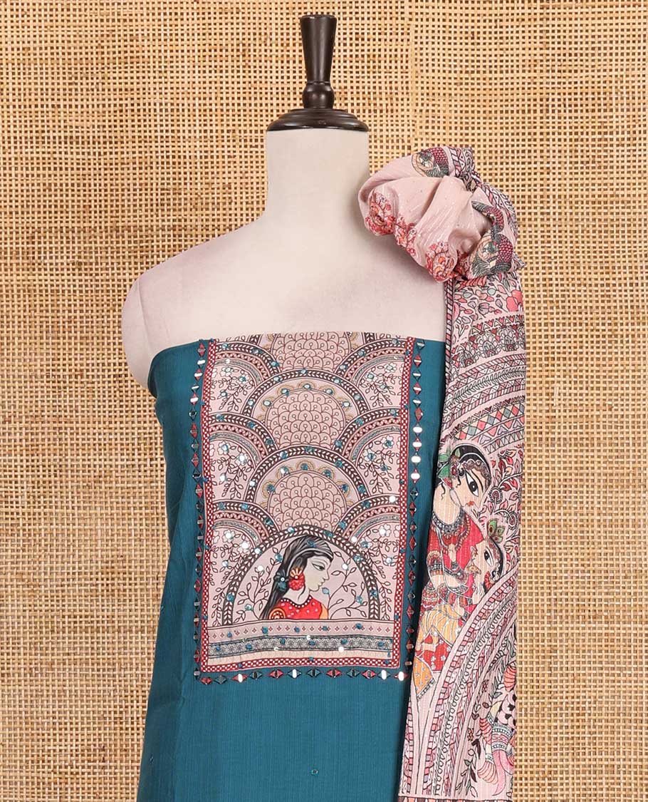 Peacock blue material chudidar set, Madhubani theme printed with French Knot embroidered and mirror work Vertican silk top, contrast rayon bottom, and Madhubani printed dupatta - Image 3