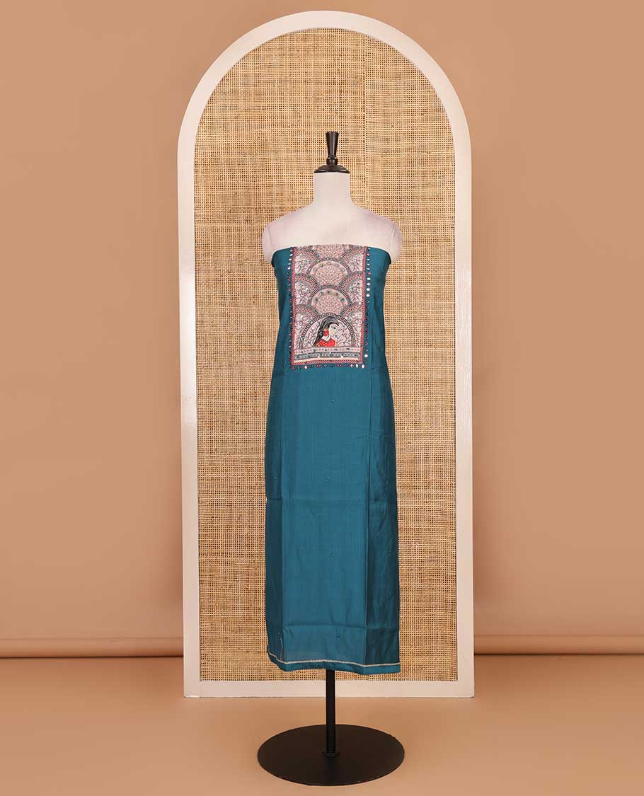 Peacock blue material chudidar set, Madhubani theme printed with French Knot embroidered and mirror work Vertican silk top, contrast rayon bottom, and Madhubani printed dupatta - Image 4