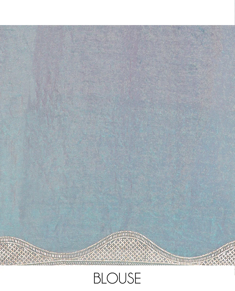 Peacock blue micro-stone work designer saree, scallop micro-stone and tube bead embroidered border - Image 5