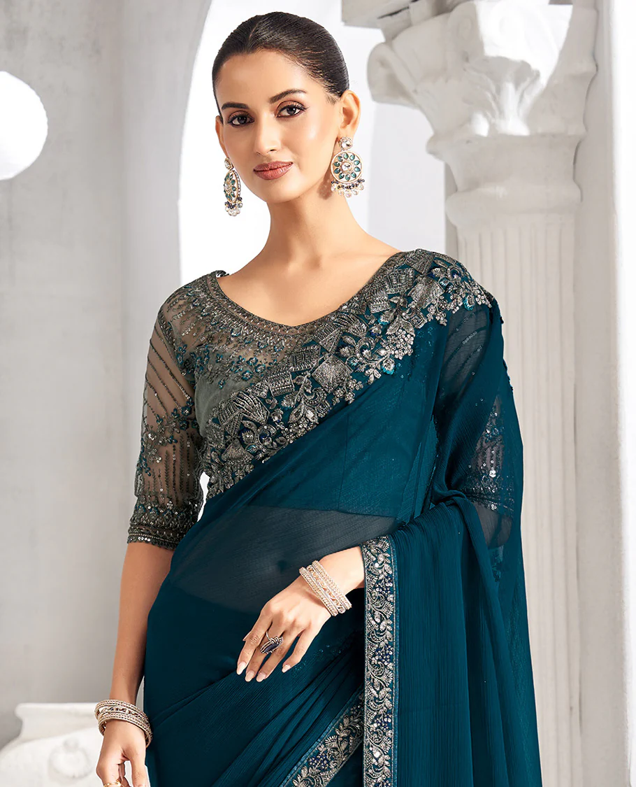 Peacock blue plain designer saree, scallop embroidered border, and self-pallu - Image 2