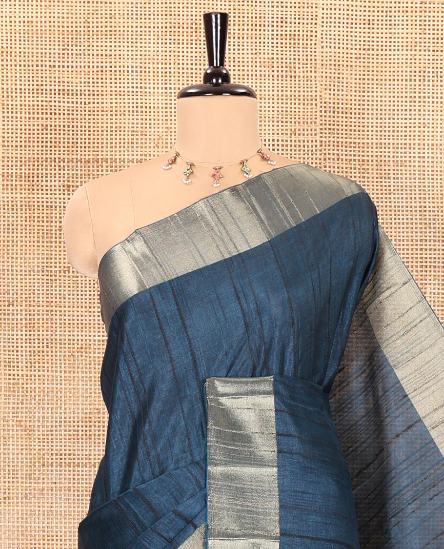 Peacock blue plain ghicha woven fancy tussar silk saree, tissue small border, striped pallu, and a matching blouse - Image 2
