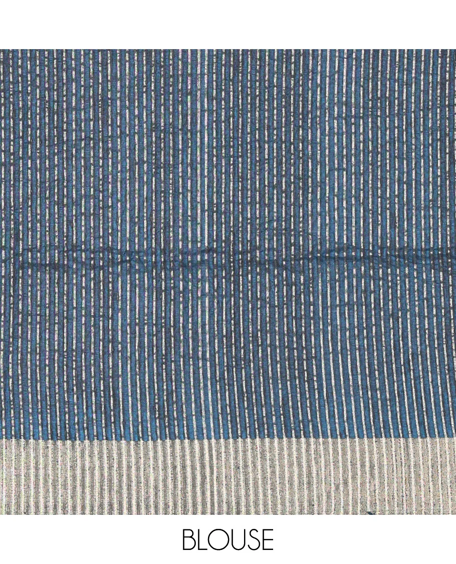 Peacock blue plain ghicha woven fancy tussar silk saree, tissue small border, striped pallu, and a matching blouse - Image 3