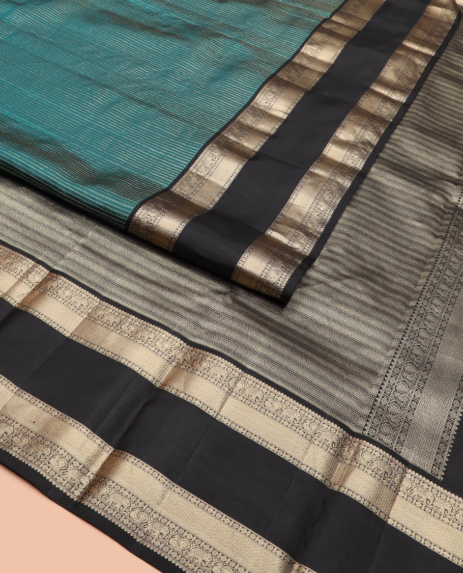 Peacock blue zari striped Vasundhara silk saree, contrast rettai pettu border of salngai, rudraksham, star, mayil, yaanai, and mayil kann designs, and geometric patterned pallu - Image 2