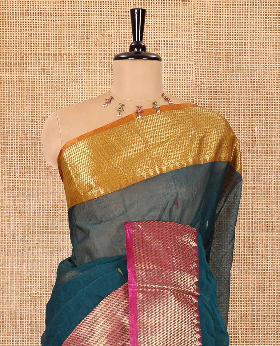 Peacock color thread buttas woven Bengal cotton saree, contrast traditional zari ganga jamuna border, and striped pallu - Image 3
