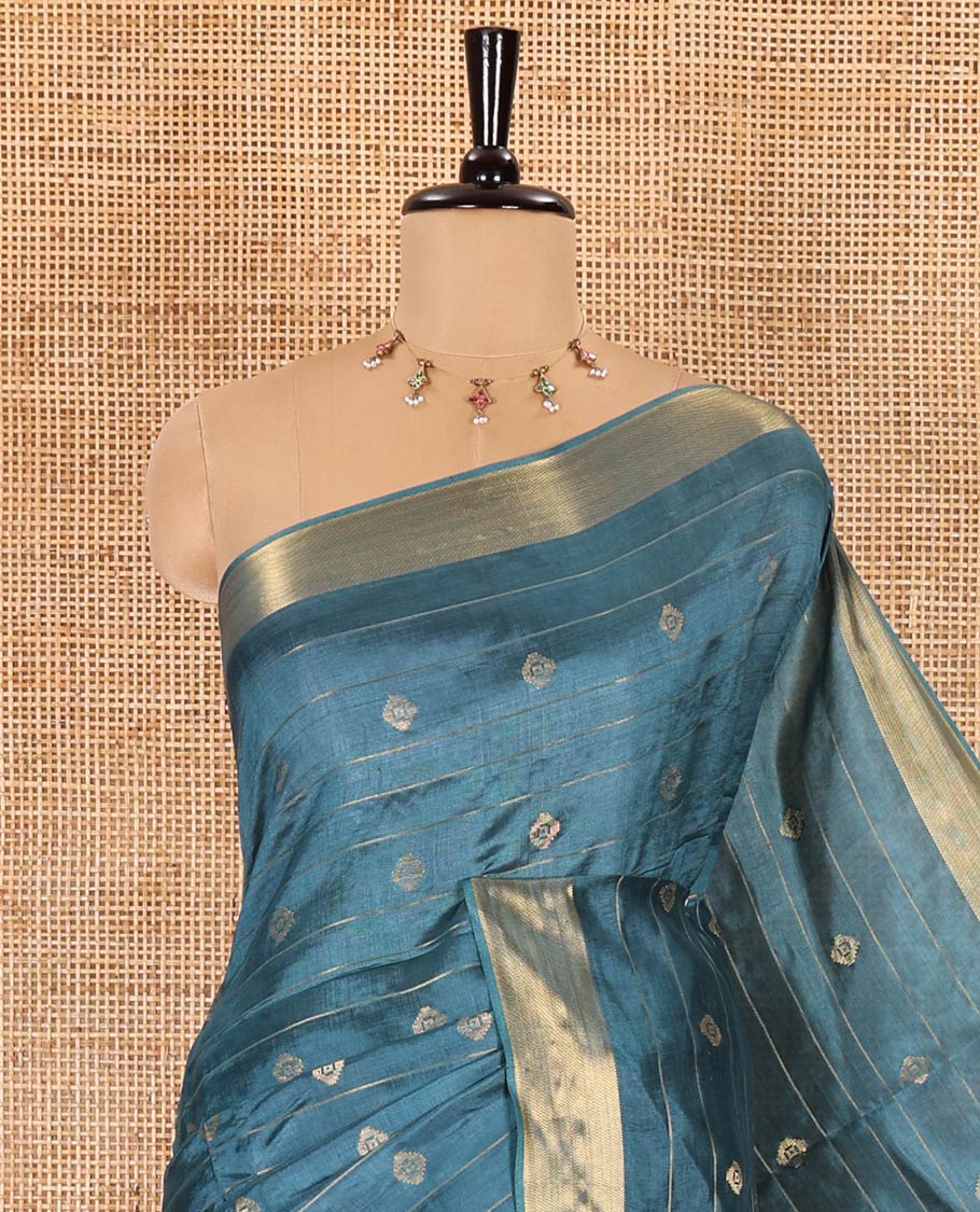 Peacock color zari buttas and striped banana pith saree, bavanji border, zari striped pallu, and a matching blouse - Image 2