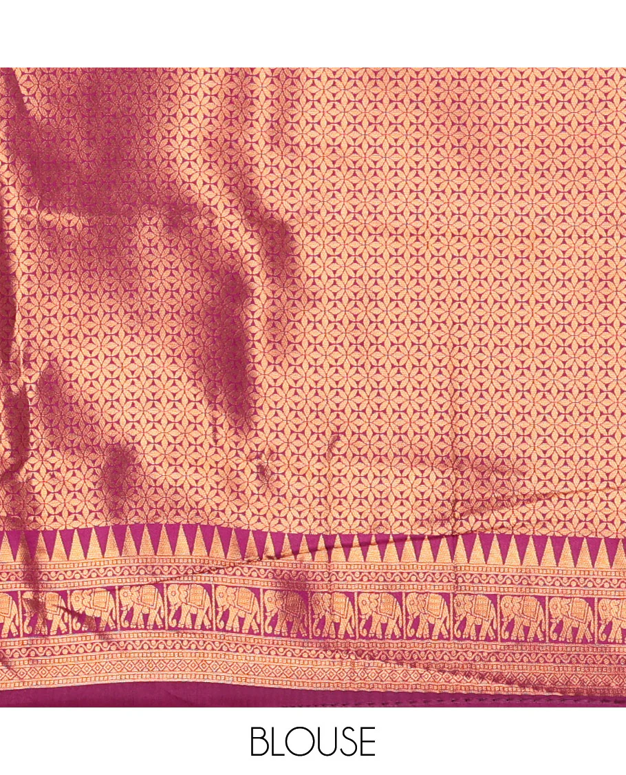 Peacock green checked design litchi saree, contrast temple elephant motifs border, geometric patterned pallu, and a contrast jacquard blouse - Image 3