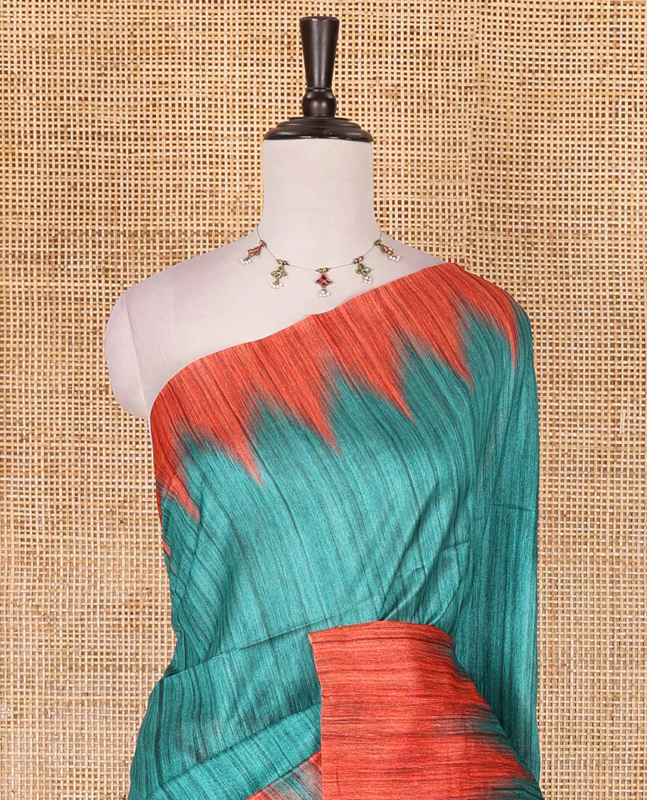 Peacock green full plain katan silk saree, contrast temple border, odisha style printed pallu, and contrast plain blouse - Image 3