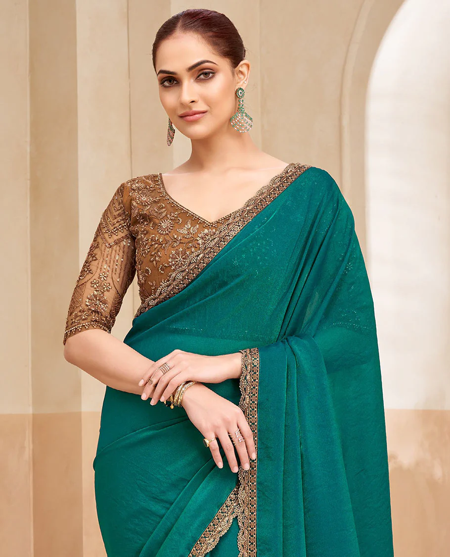 Peacock green plain designer saree, contrast embroidered scallop border - Image 2