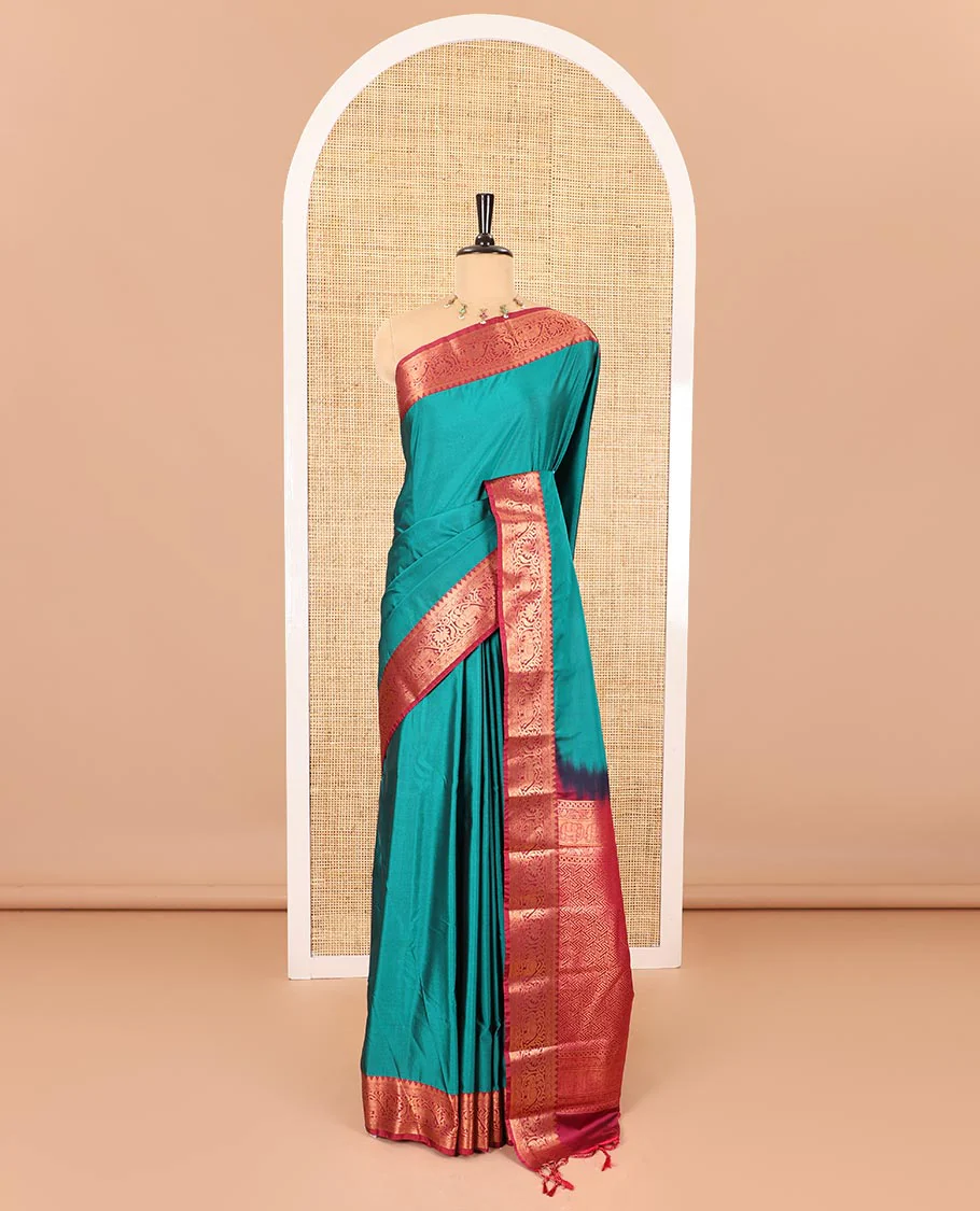 Peacock green plain luxury soft silk saree, contrast traditional temple zari border of elephant motifs, geometric zari pallu, and a contrast jacquard blouse - Image 2