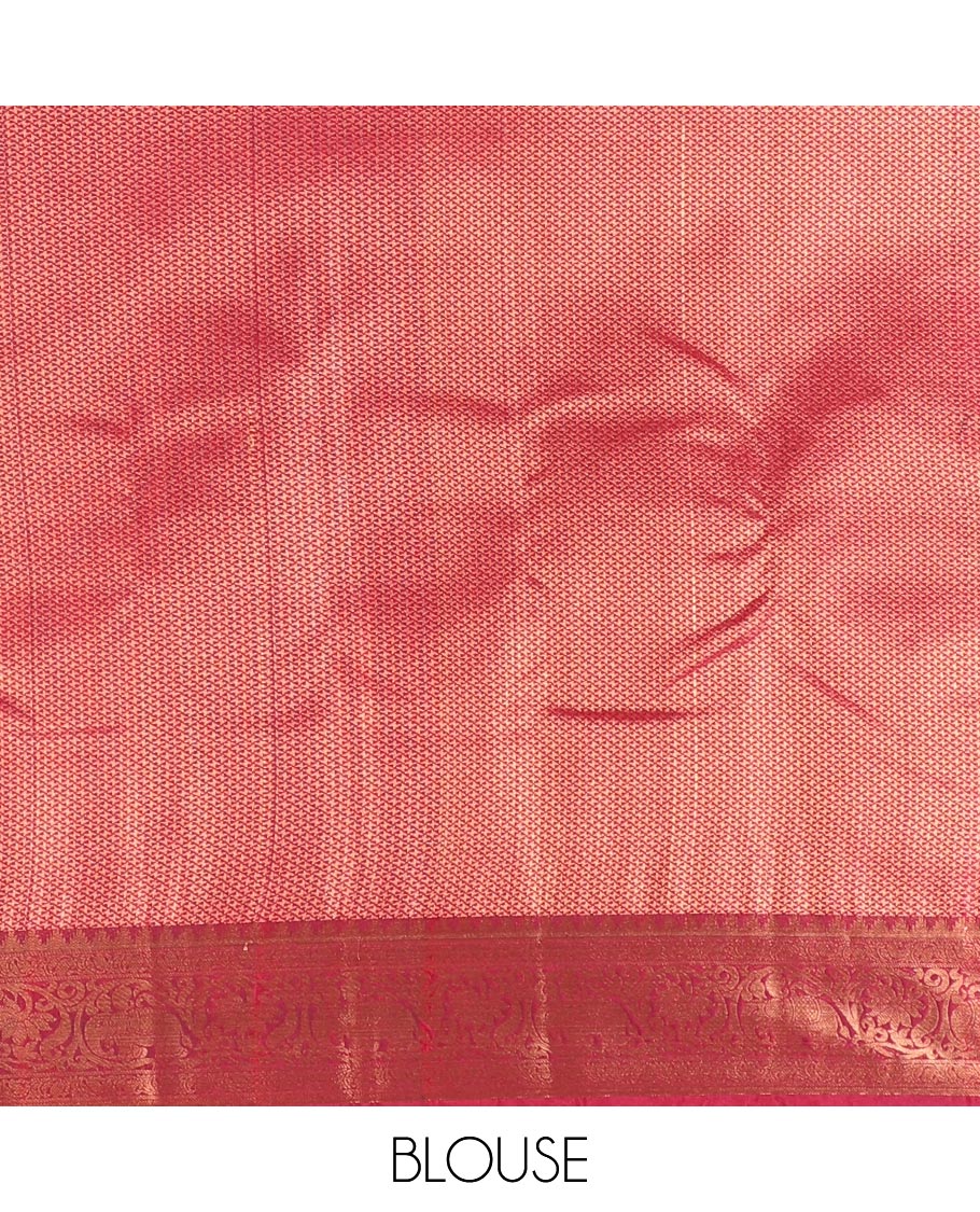 Peacock green plain luxury soft silk saree, contrast traditional temple zari border of elephant motifs, geometric zari pallu, and a contrast jacquard blouse - Image 4