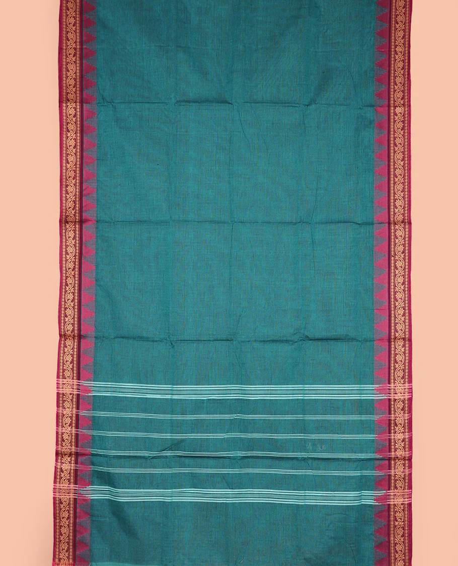 Peacock green plain nine-yard cotton saree, contrast traditional temple border, and striped pallu - Image 2