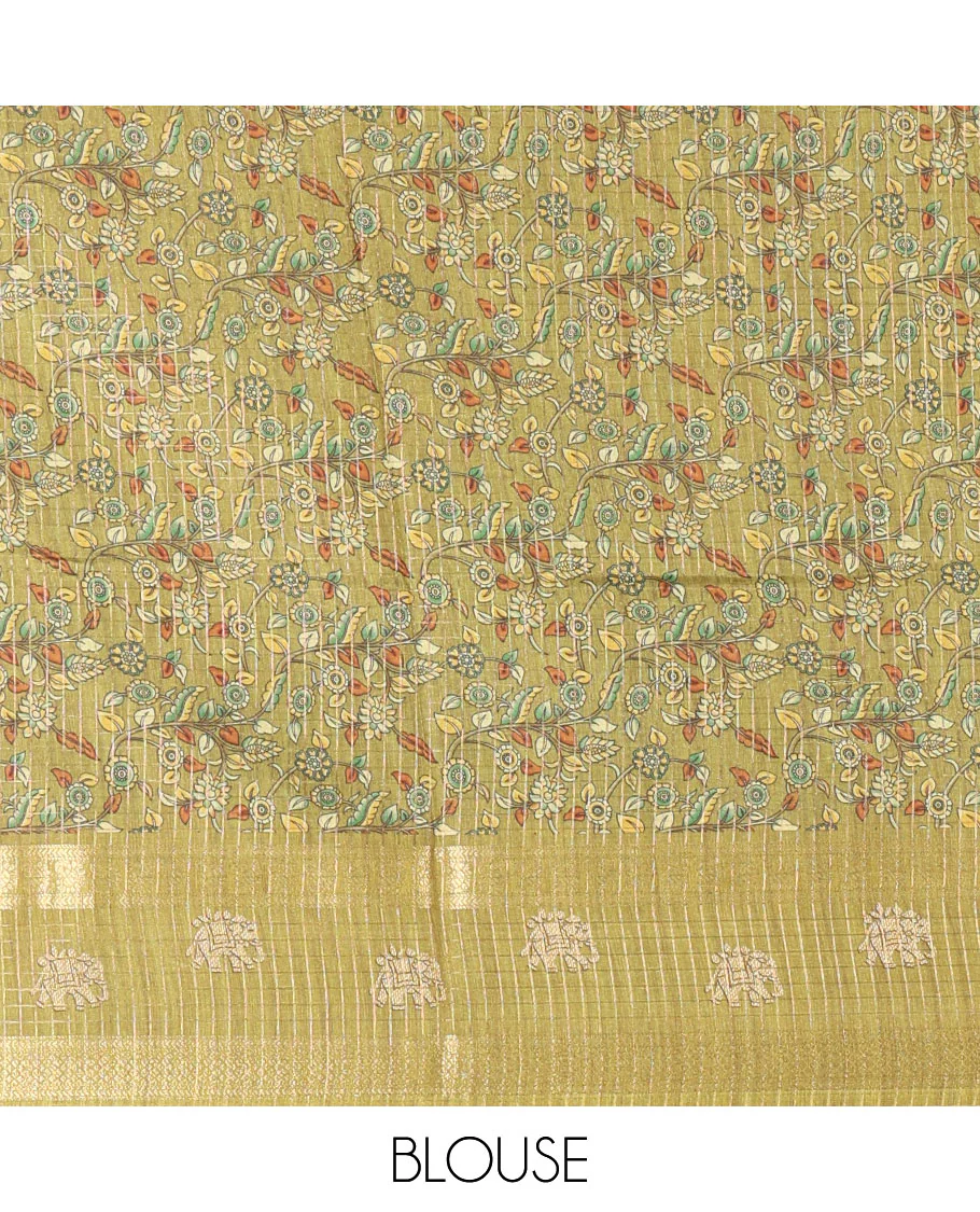 Peacock green zari checked and elephant buttas saree with contrast traditional zari border of elephant print, floral vine printed pallu, and a contrast floral vine printed blouse - Image 4
