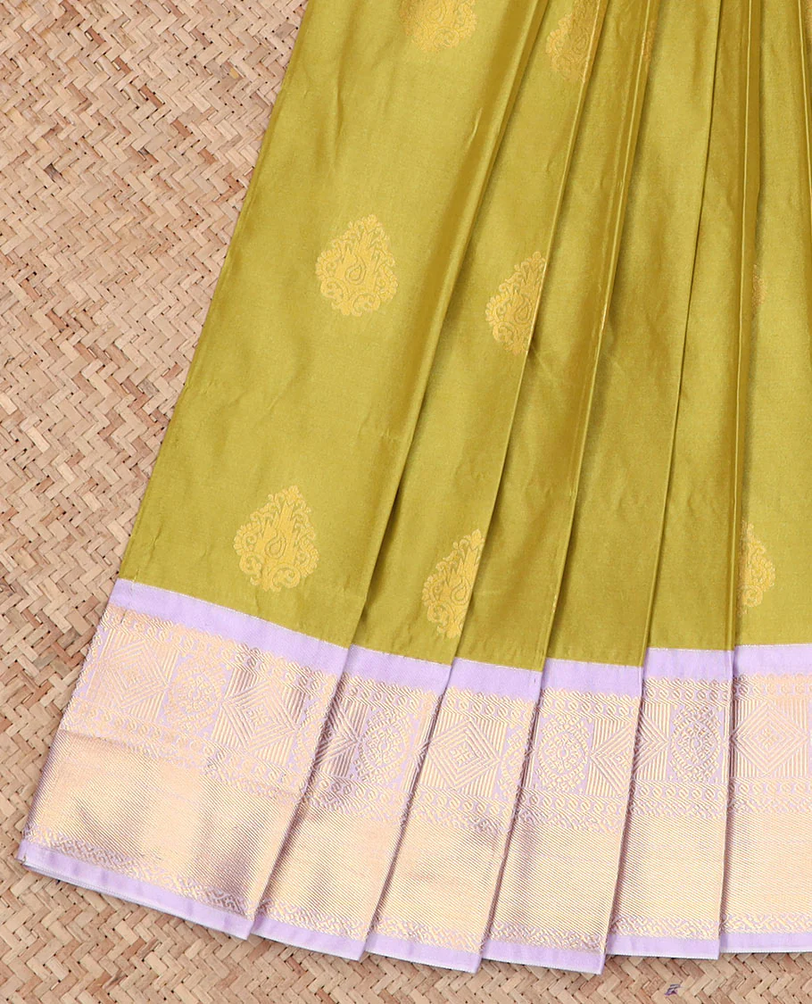 Pear Green Budget Silk Saree Highlighted with Zari Buttas, Complemented by a Contrast Traditional Zari Motifs Woven Border, Pallu Decorated with Jaal Design, and Paired with a Contrast Blouse