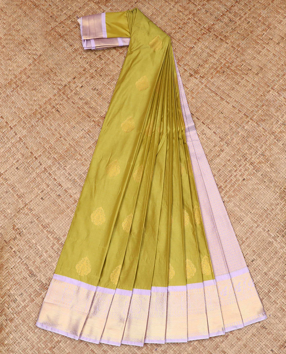 Pear Green Budget Silk Saree Highlighted with Zari Buttas, Complemented by a Contrast Traditional Zari Motifs Woven Border, Pallu Decorated with Jaal Design, and Paired with a Contrast Blouse - Image 2