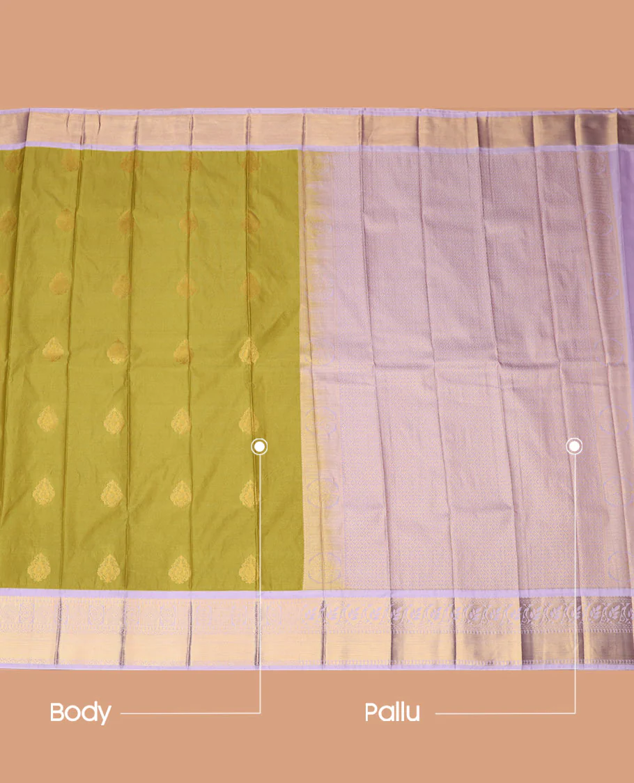 Pear Green Budget Silk Saree Highlighted with Zari Buttas, Complemented by a Contrast Traditional Zari Motifs Woven Border, Pallu Decorated with Jaal Design, and Paired with a Contrast Blouse - Image 3
