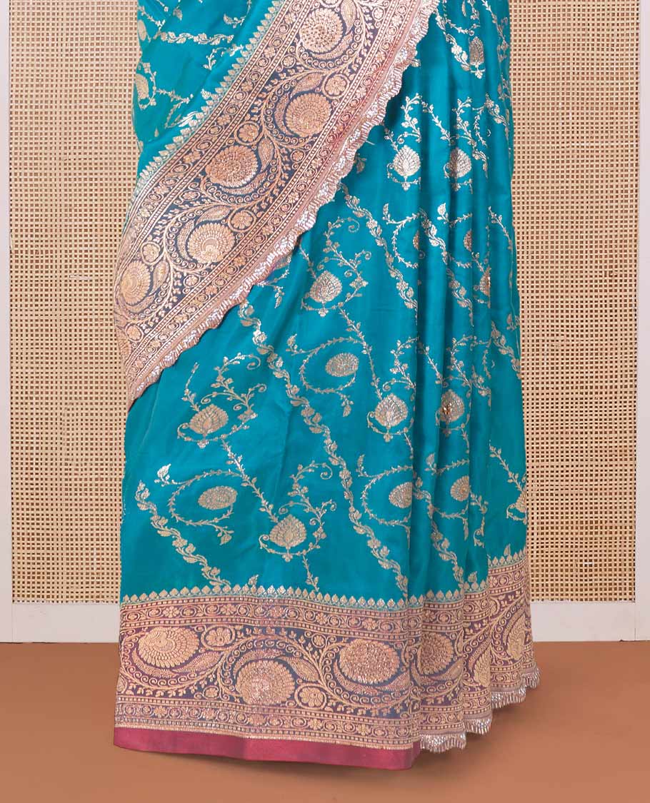 Persian green jacquard with micro stonework banaras nylon silk saree, contrast floral creeper zari and stone work border, and intricately zari woven pallu - Image 4
