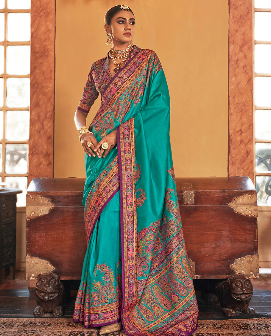 Persian green plain with meenakari-style floral-paisleys printed designer saree, contrast floral-paisleys Mughal-style printed border, and pallu