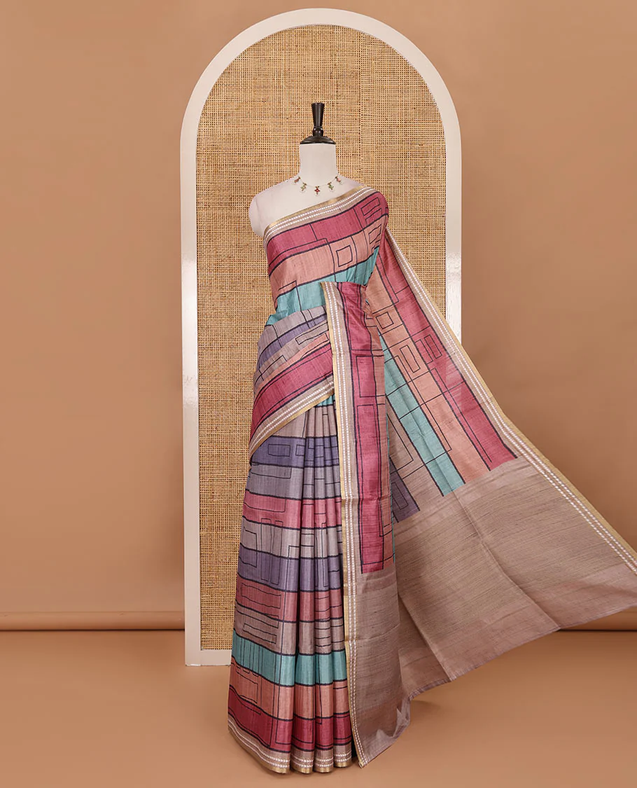 Pink abstract geometric printed semi-tussar saree, contrast thread triangle motifs border, striped pallu & contrast striped blouse