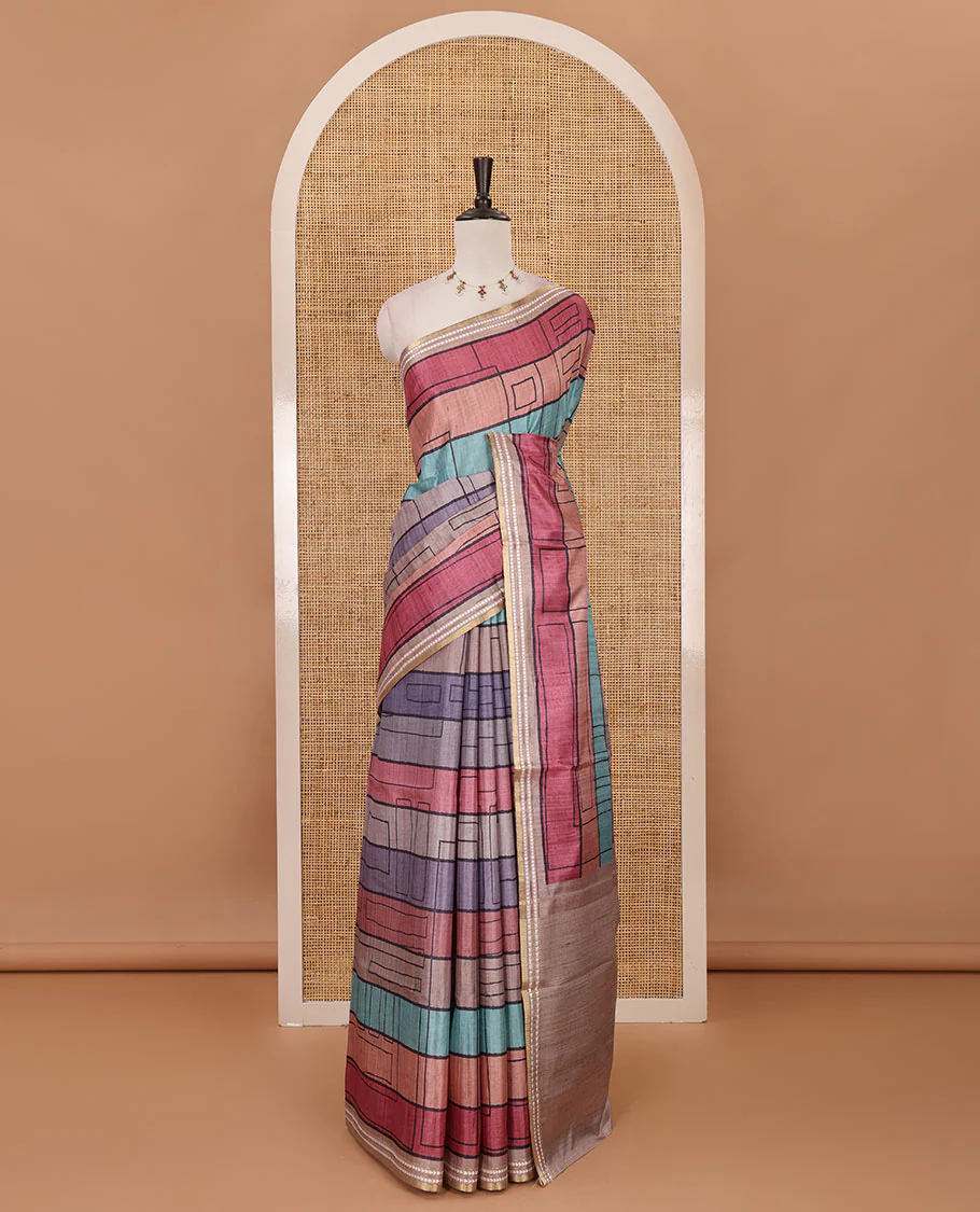 Pink abstract geometric printed semi-tussar saree, contrast thread triangle motifs border, striped pallu & contrast striped blouse - Image 2