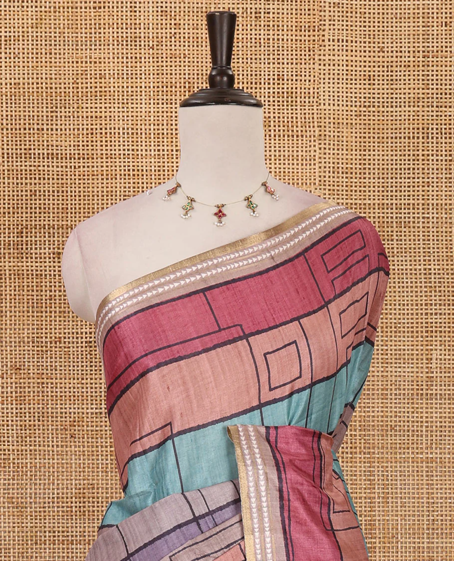 Pink abstract geometric printed semi-tussar saree, contrast thread triangle motifs border, striped pallu & contrast striped blouse - Image 3