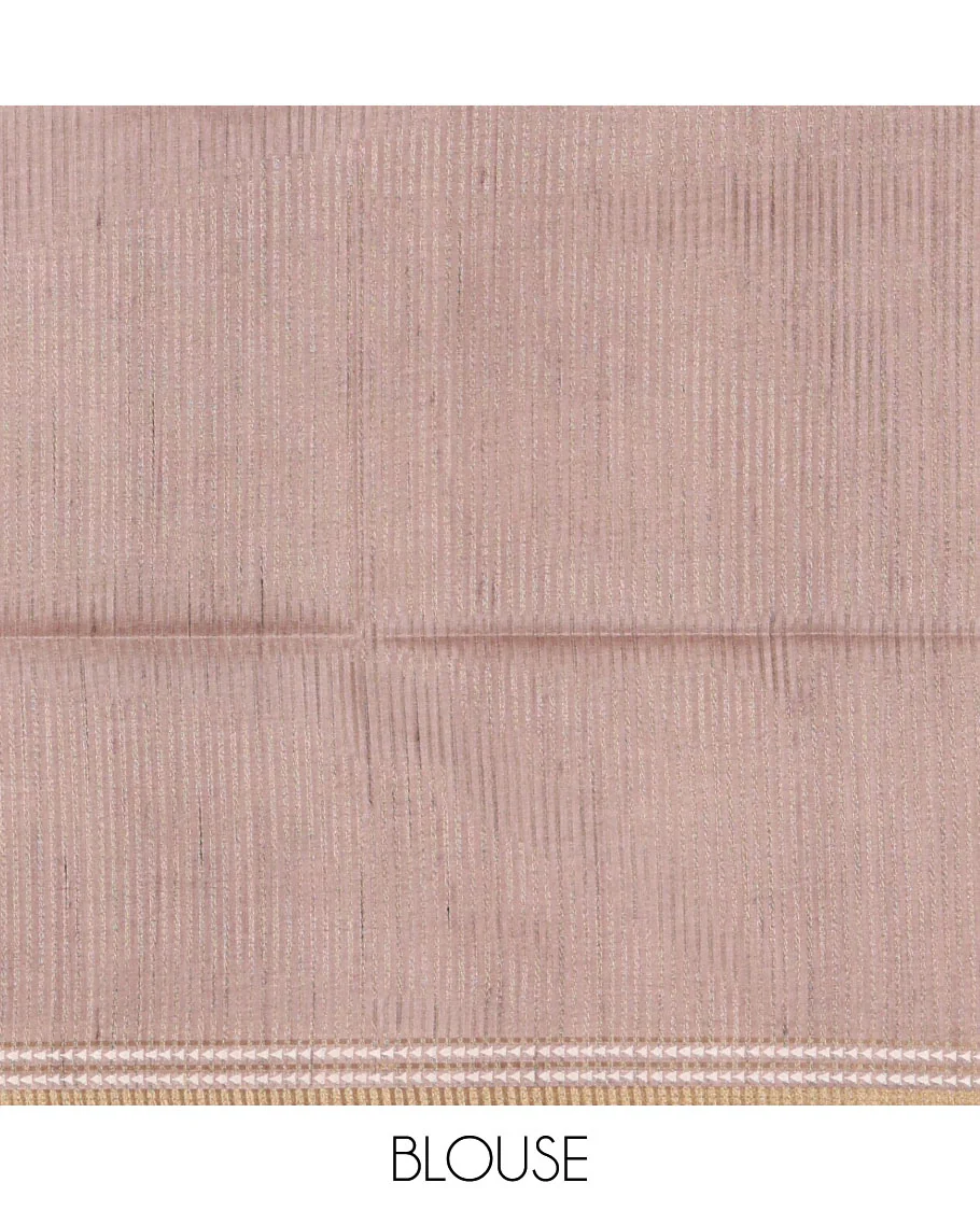 Pink abstract geometric printed semi-tussar saree, contrast thread triangle motifs border, striped pallu & contrast striped blouse - Image 4