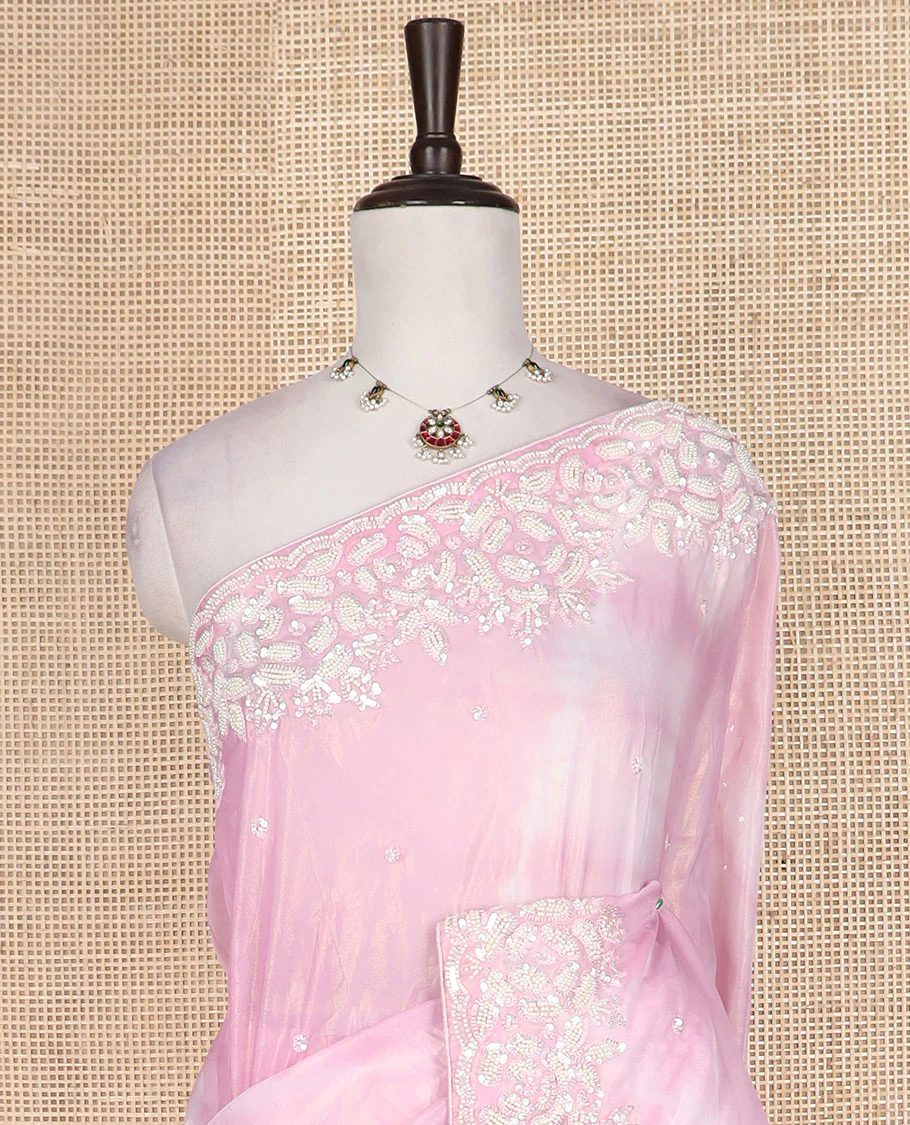 Pink abstract printed with embroidered designer saree, floral designs beads embroidered scallop border - Image 3