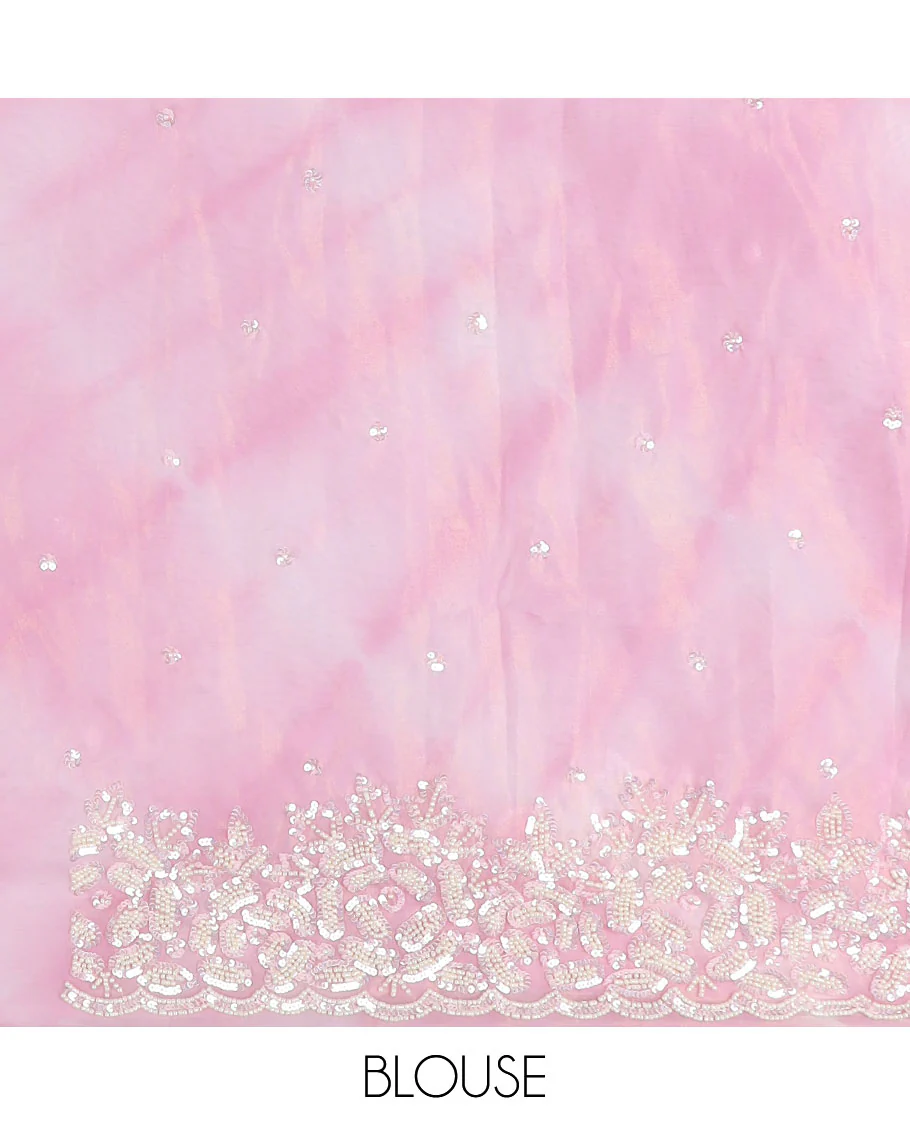 Pink abstract printed with embroidered designer saree, floral designs beads embroidered scallop border - Image 4