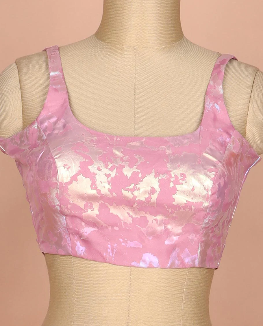 Pink abstract style foil printed round neck thick strap sleeveless readymade blouse - Image 3