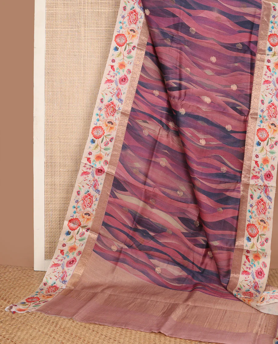 Pink abstract-style printed tussar saree with zari buttas, contrast border of traditional zari design & multi-color floral & bird motifs print & zari striped pallu - Image 3