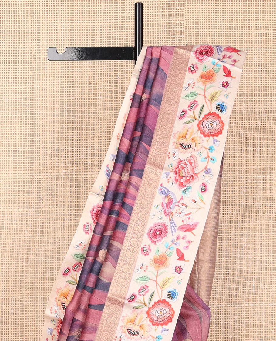 Pink abstract-style printed tussar saree with zari buttas, contrast border of traditional zari design & multi-color floral & bird motifs print & zari striped pallu - Image 4