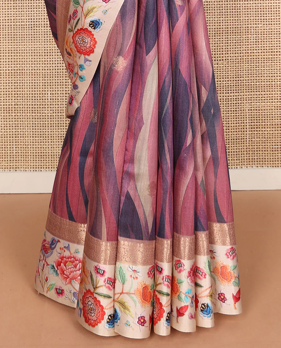 Pink abstract-style printed tussar saree with zari buttas, contrast border of traditional zari design & multi-color floral & bird motifs print & zari striped pallu - Image 5