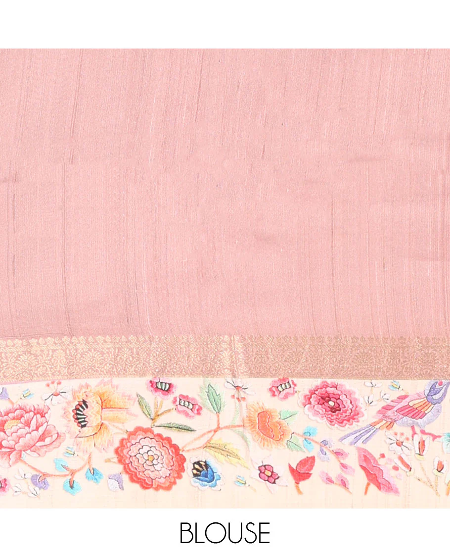Pink abstract-style printed tussar saree with zari buttas, contrast border of traditional zari design & multi-color floral & bird motifs print & zari striped pallu - Image 6