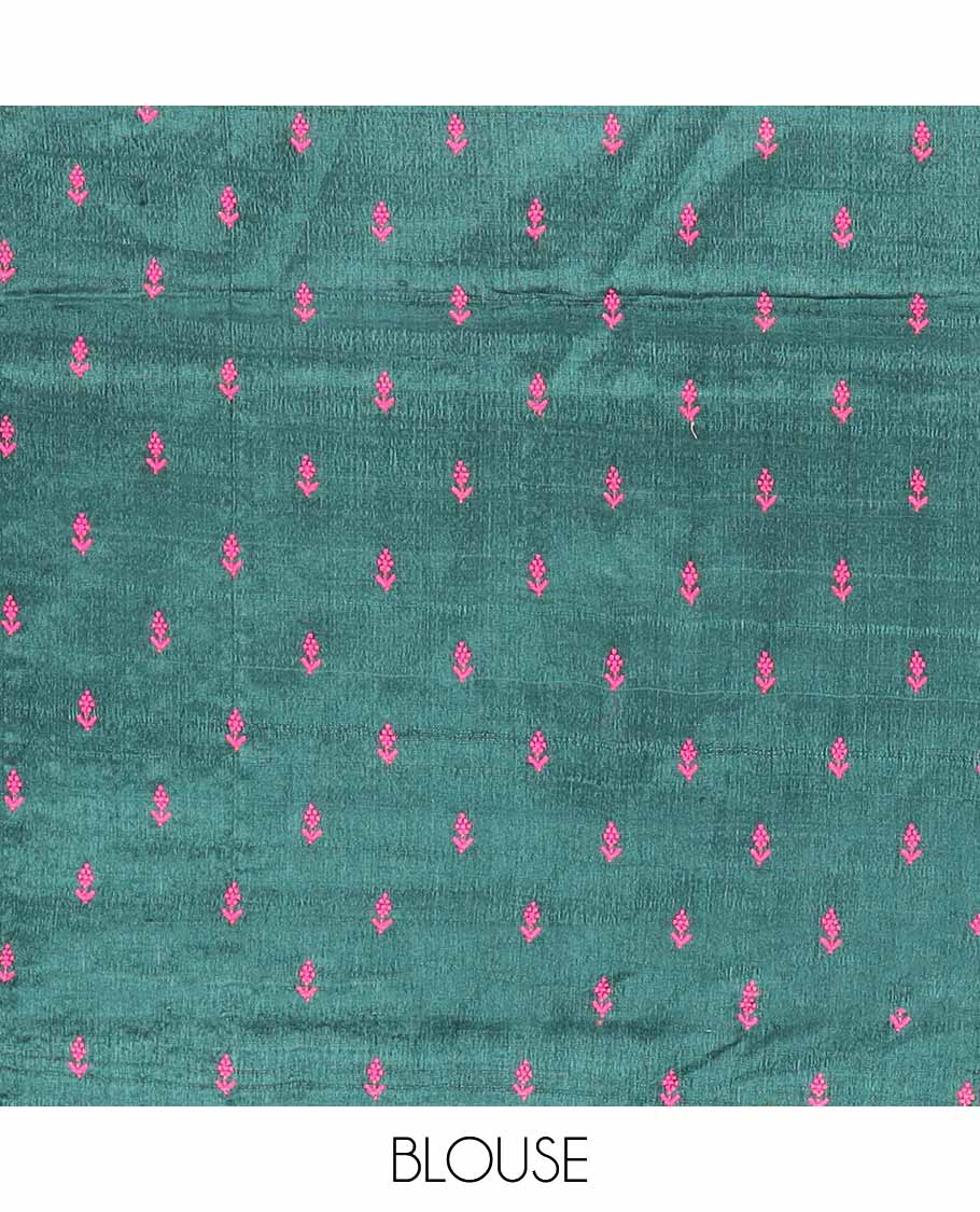 Pink all-over floral vine thread embroidery tussar silk saree with self floral design border - Image 5