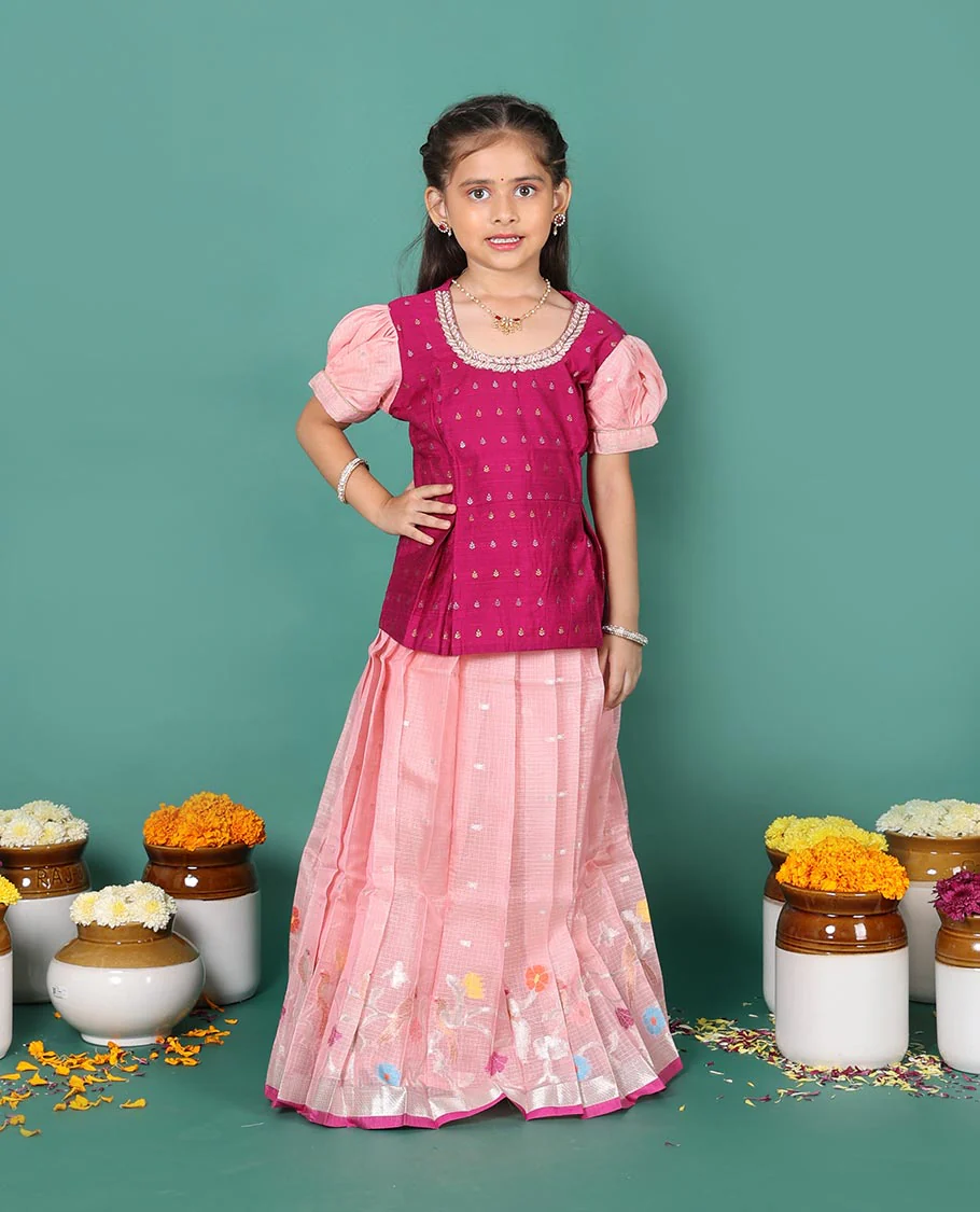 Pink art silk readymade pavadai set, buttas with thread floral embroidery skirt with contrast neck embroidered puff-sleeve blouse