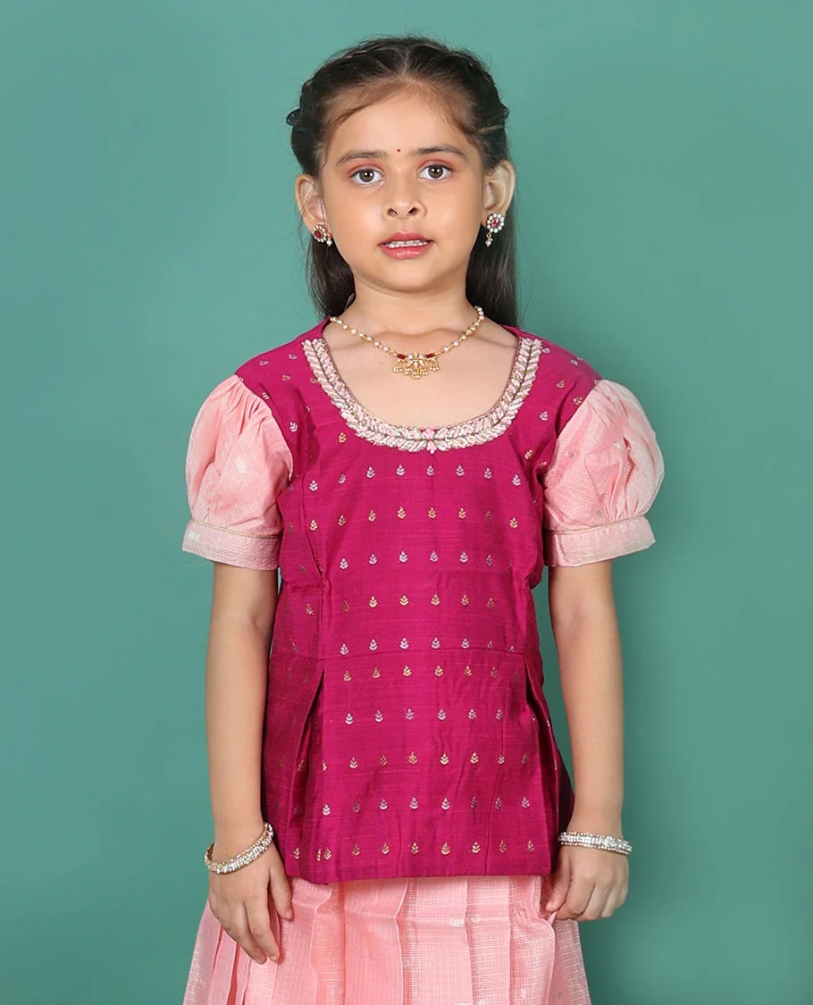 Pink art silk readymade pavadai set, buttas with thread floral embroidery skirt with contrast neck embroidered puff-sleeve blouse - Image 2