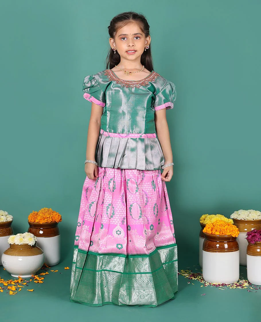 Pink art silk readymade pavadai set, jacquard with contrast traditional zari border skirt, and contrast round neck embroidered puff-sleeve blouse - Image 2